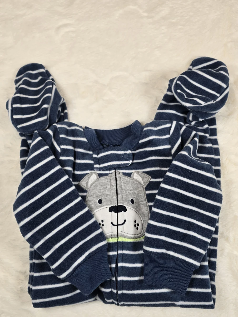 Carter's Navy and White Striped Footed One-Piece Fleece with Bear Patch 9M